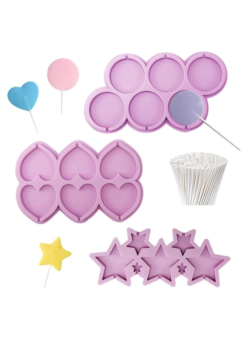XiuWoo 3Pcs Lollipop Molds Chocolate Candy Mold 100 Lollypop Sucker Sticks Fondant Round Heart Star for Making Cube in Party Family - Image 1
