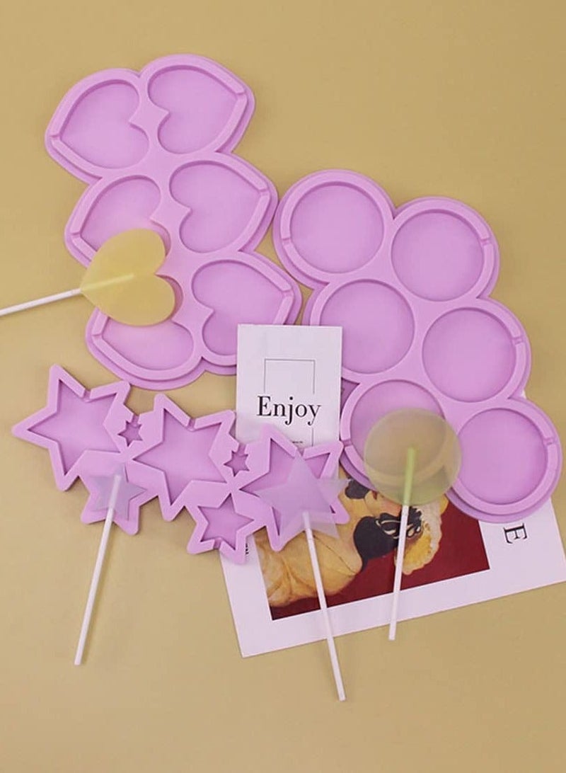 XiuWoo 3Pcs Lollipop Molds Chocolate Candy Mold 100 Lollypop Sucker Sticks Fondant Round Heart Star for Making Cube in Party Family - Image 5