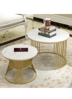 Wooden Twist Stylish Look Round Wrought Iron Coffee Table Set Of 2 ( Golden )  - Image 1