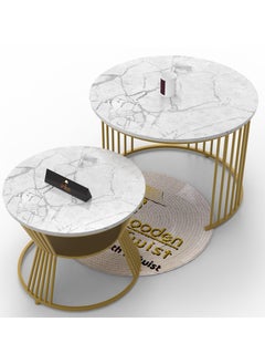 Wooden Twist Stylish Look Round Wrought Iron Coffee Table Set Of 2 ( Golden )  - Image 2