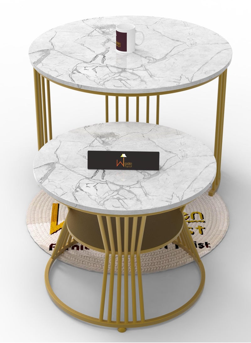 وودن تويست طقم طاولة قهوة دائرية الشكل من الحديد المطاوع بتصميم خشبي أنيق مكون من قطعتين (ذهبي) - Image 3