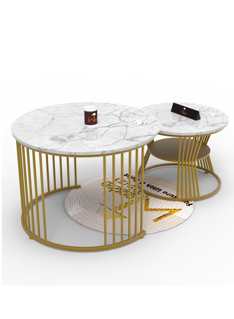 وودن تويست طقم طاولة قهوة دائرية الشكل من الحديد المطاوع بتصميم خشبي أنيق مكون من قطعتين (ذهبي) - Image 4