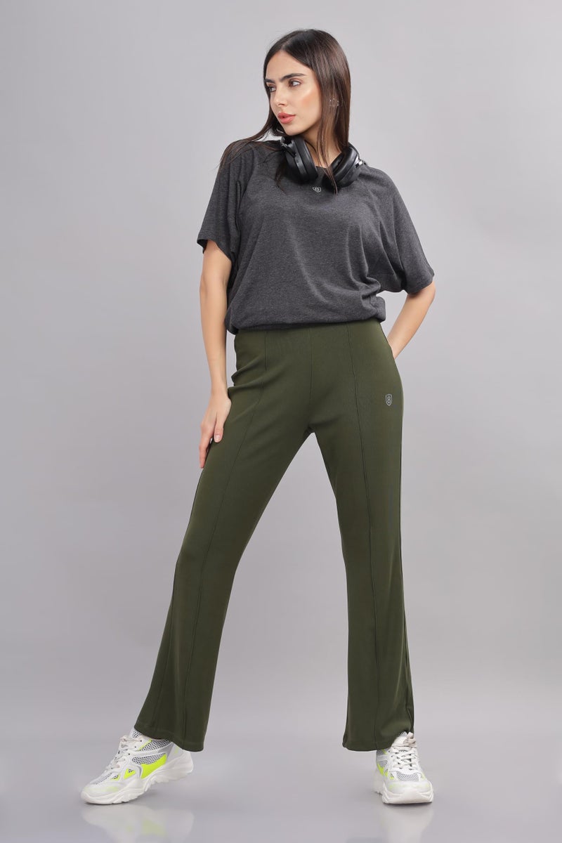 DOMIN8 Women's Super Stretchable Rib Pintuck Flare Pant | Trendy Bottom for Women | Comfy All Day wear Olive - Image 3