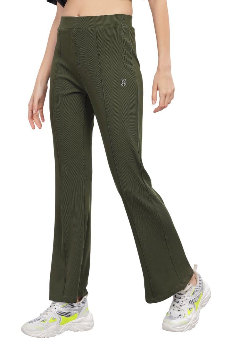 DOMIN8 Women's Super Stretchable Rib Pintuck Flare Pant | Trendy Bottom for Women | Comfy All Day wear Olive - Image 5