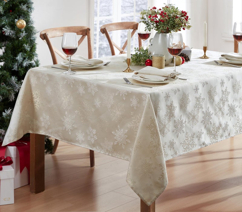 Newbridge Fancy Metallic Snowflake Christmas Fabric Tablecloth 60 x 84 Inch Rectangle Ivory Gold NoIron Soil Resistant Sparkling Snowflakes Woven Holiday Table Cover