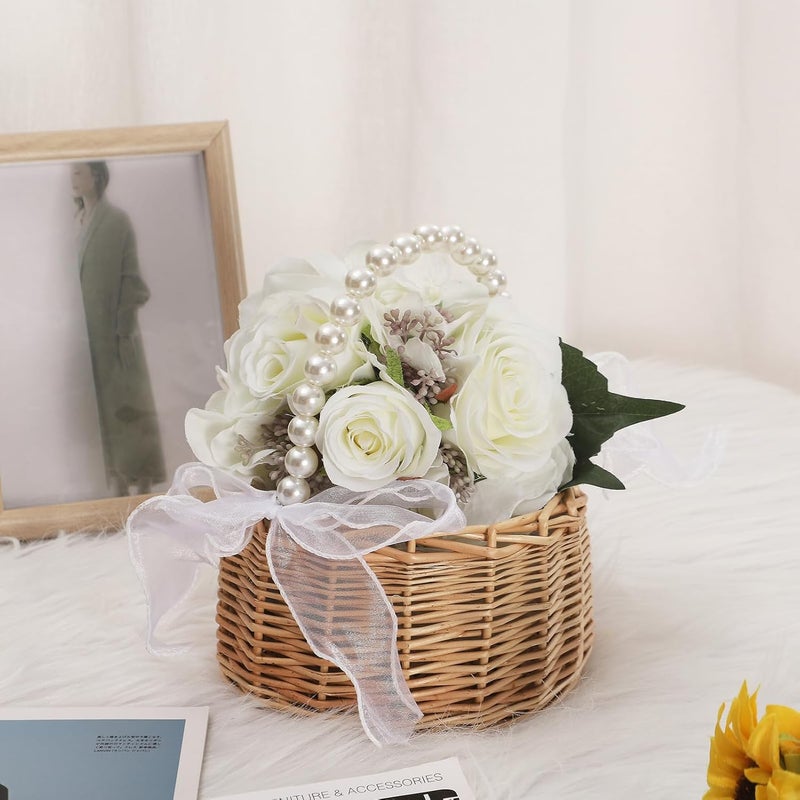 Fofetbfo 2 PCS Wicker Rattan Flower Girl Basket Wedding Flower Girl Basket with Pearl Handle and Bow Fairy Flower Basket Handwoven Easter Basket Wicker Basket for Wedding Flower Girl(Brown) - Image 2