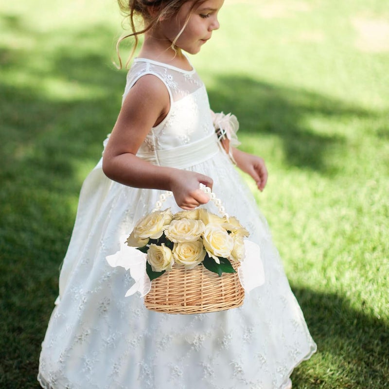 Fofetbfo 2 PCS Wicker Rattan Flower Girl Basket Wedding Flower Girl Basket with Pearl Handle and Bow Fairy Flower Basket Handwoven Easter Basket Wicker Basket for Wedding Flower Girl(Brown) - Image 4