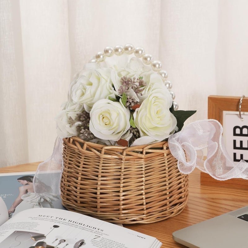 Fofetbfo 2 PCS Wicker Rattan Flower Girl Basket Wedding Flower Girl Basket with Pearl Handle and Bow Fairy Flower Basket Handwoven Easter Basket Wicker Basket for Wedding Flower Girl(Brown) - Image 3