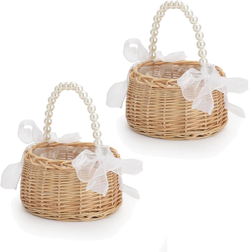 Fofetbfo 2 PCS Wicker Rattan Flower Girl Basket Wedding Flower Girl Basket with Pearl Handle and Bow Fairy Flower Basket Handwoven Easter Basket Wicker Basket for Wedding Flower Girl(Brown) - Image 1