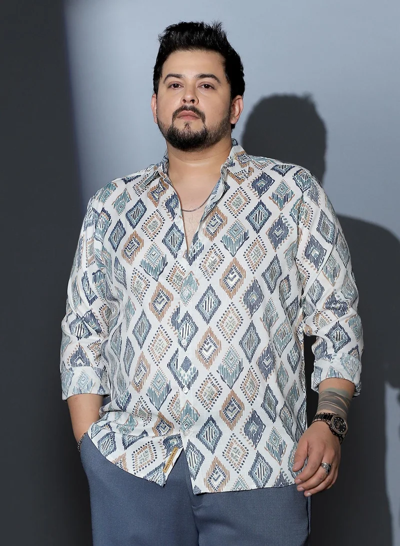 Instafab Plus Instafab Plus Men Nomadic Lozenge Shirt | Spread Collar , Long Cuffed Sleeves | Button Closure , Curved Hem | Geometric Print Plain Material | Woven Fabric For Casual & Evening Wear | Off-White