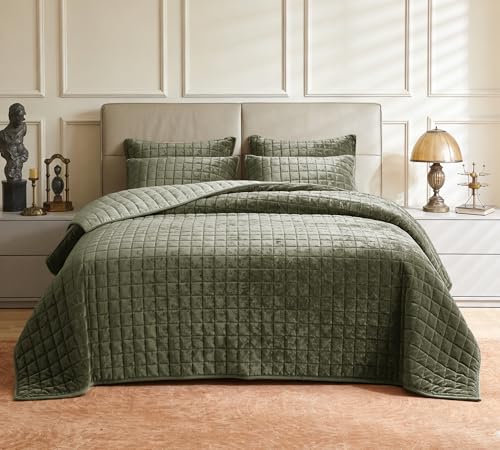 LR Rocaloca Luxurious Velvet Quilt King Size Set 98" x106" Ultra Soft Bedding Set Quilted Bedspread Coverlet with 2 Matching Pillow Shams for All Seasons,Army Green - Image 1