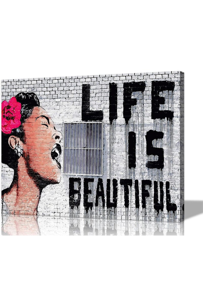 Mistyefly Graffiti Canvas Wall Art Banksy Wall Art Life is Beautiful Wall Decor Banksy Prints Wall Art Colorful Street Graffiti Art Pop Art Poster Graffiti Art Framed for Bedroom Decor (16''Hx24''W) - Image 1
