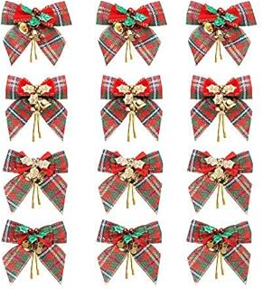 YBB 12 Pack Christmas Red Green Plaid Tree Bows, Linen Bowknot Wreath Bow with Jingle Bells for Christmas Garland Tree, - Image 1