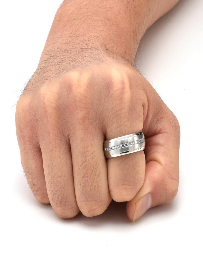 Tioneer 8mm Mens Wedding Band Tungsten Carbide Rings for Men Promise Pinky Eternity Ring with Cubic Zirconia Size 9 Silver - Image 2