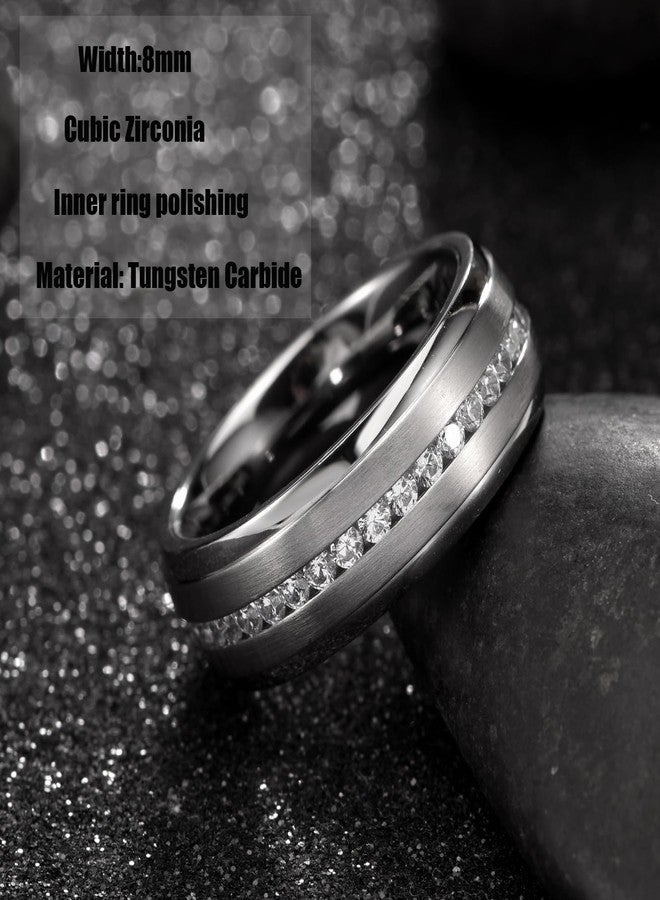 Tioneer 8mm Mens Wedding Band Tungsten Carbide Rings for Men Promise Pinky Eternity Ring with Cubic Zirconia Size 9 Silver - Image 4