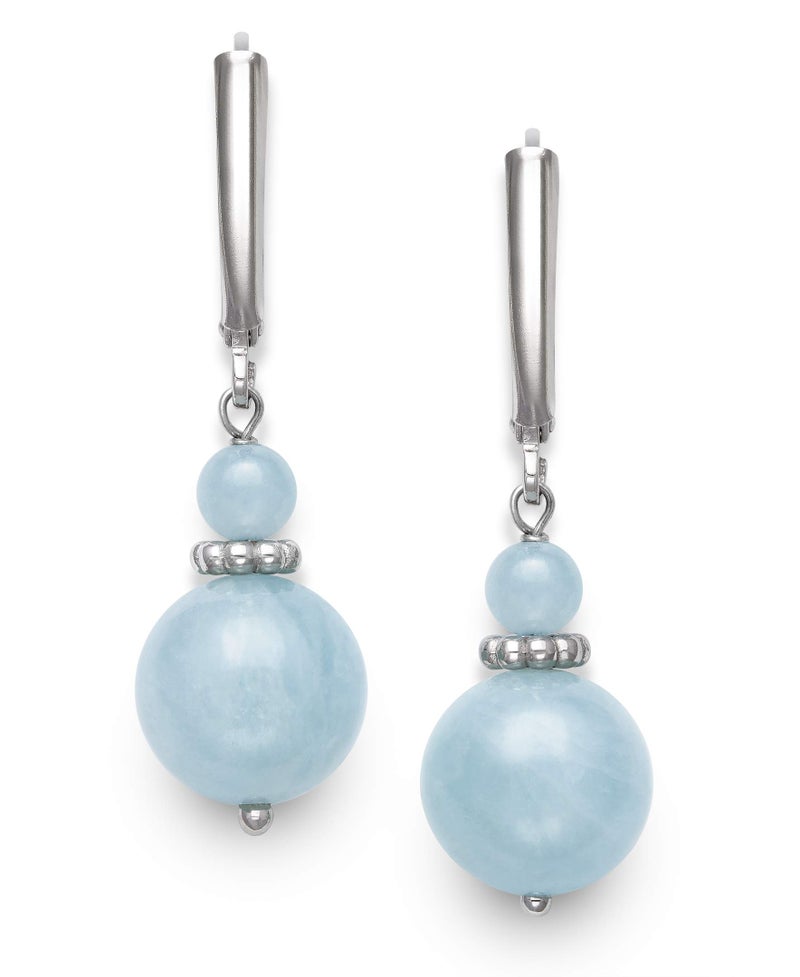 Belacqua Sterling Silver Natural Round Milky Blue Aquamarine Gemstone Beaded Dangle Drop Earrings for Women, Length : 1.5 Inches, Leverback, Gift Box Included - Image 1
