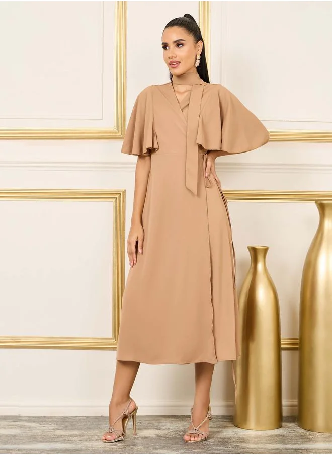 Styli Solid Angel Sleeves Wrap Midi Dress