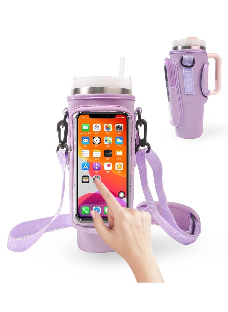 Water Bottle Carrier Bag with Strap for Stanley 40oz Tumbler with Handle, 2 Pocket Sling Neoprene Bottle Pouch Holder, Stanley Cup Accessories for Hiking Travelling Camping (Purple) - Image 1