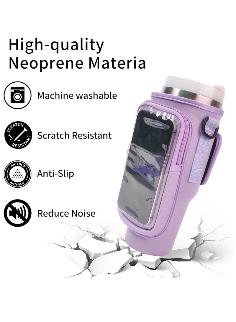 Water Bottle Carrier Bag with Strap for Stanley 40oz Tumbler with Handle, 2 Pocket Sling Neoprene Bottle Pouch Holder, Stanley Cup Accessories for Hiking Travelling Camping (Purple) - Image 2