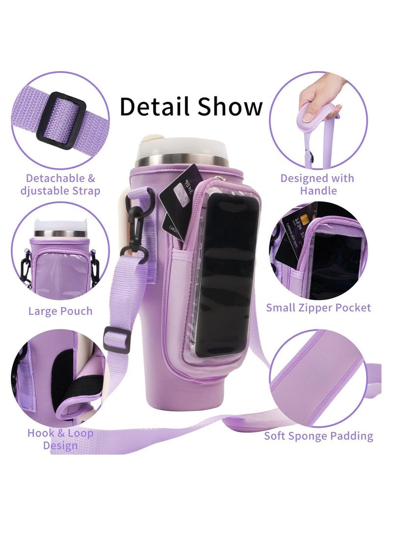 Water Bottle Carrier Bag with Strap for Stanley 40oz Tumbler with Handle, 2 Pocket Sling Neoprene Bottle Pouch Holder, Stanley Cup Accessories for Hiking Travelling Camping (Purple) - Image 3