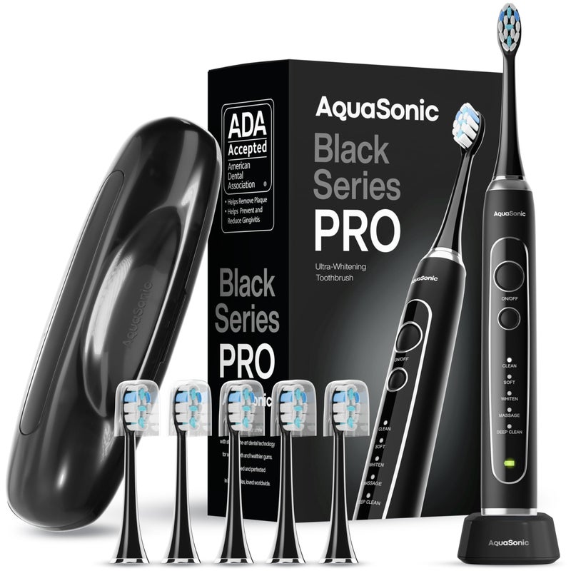 Aquasonic Black Series PRO UltraWhitening Electric Toothbrush 5 Modes Smart Timers Premium Travel Case 6 Proflex Brush Heads ADA Accepted Toothbrush