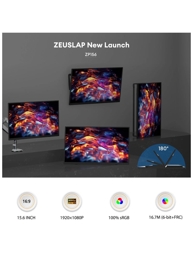 ZEUSLAP 15.6" FHD 100%sRGB 300Nits Ultra thin Back Stand Design Portable Monitor for Phone Gaming Laptop - Image 4