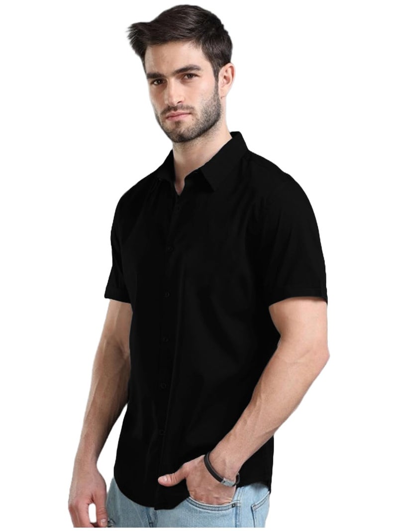 LEOTUDE Men Cotton Blend Slim Fit Solid Half Sleeve Shirt (SHRT_005_BLK_P_Black_2XL) - Image 5