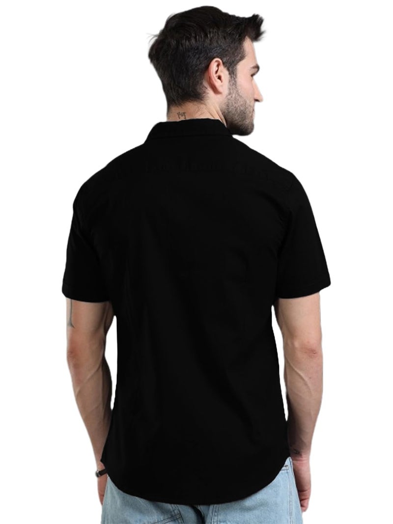 LEOTUDE Men Cotton Blend Slim Fit Solid Half Sleeve Shirt (SHRT_005_BLK_P_Black_2XL) - Image 3