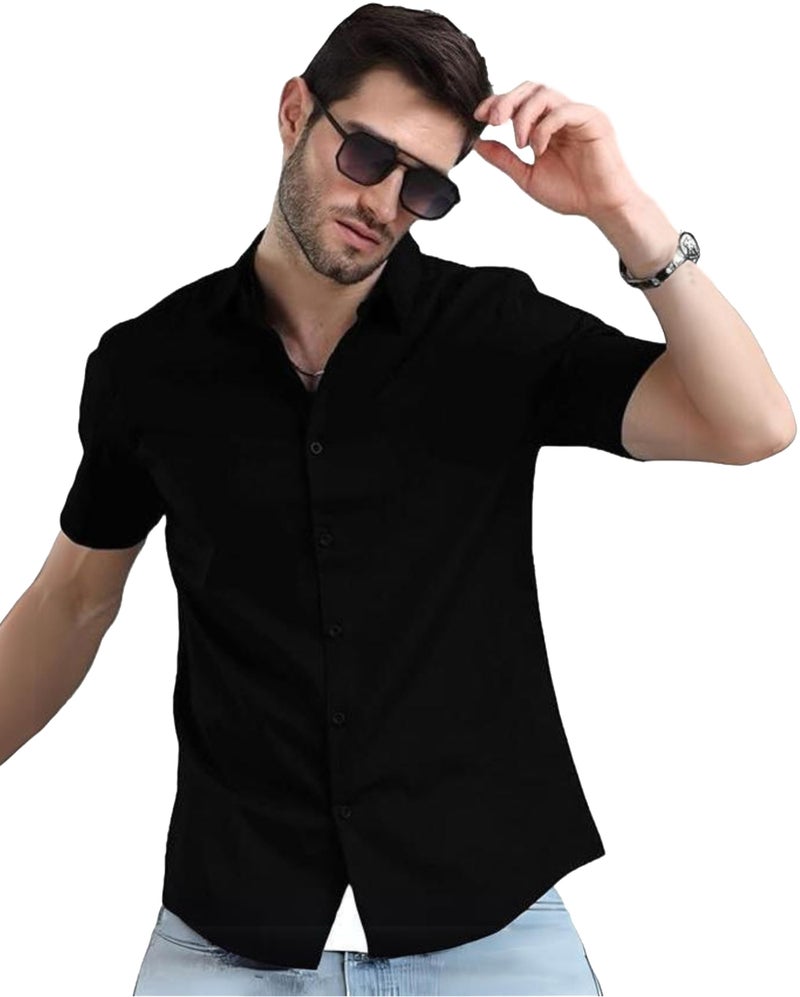 LEOTUDE Men Cotton Blend Slim Fit Solid Half Sleeve Shirt (SHRT_005_BLK_P_Black_2XL) - Image 1
