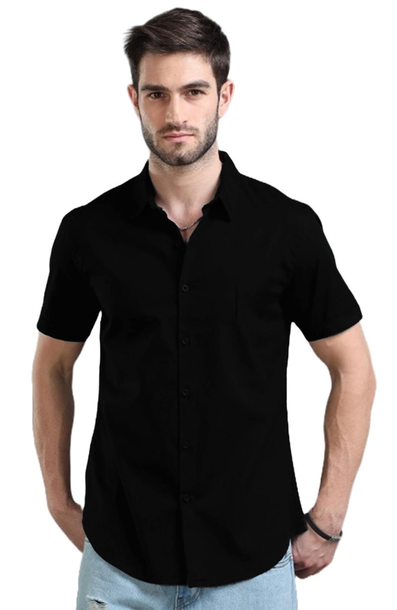 LEOTUDE Men Cotton Blend Slim Fit Solid Half Sleeve Shirt (SHRT_005_BLK_P_Black_2XL) - Image 2