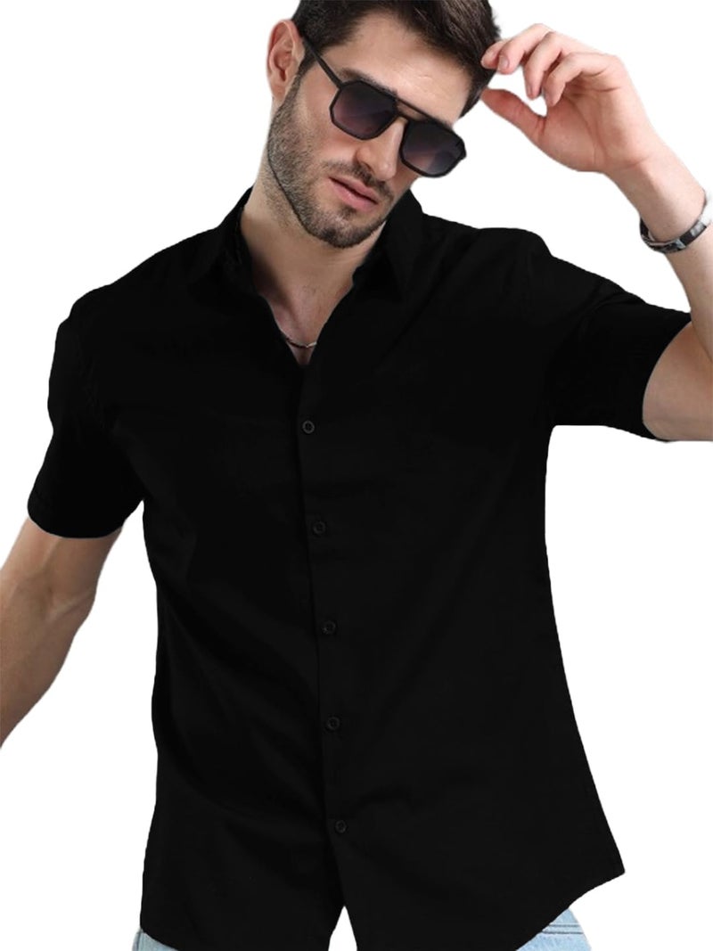 LEOTUDE Men Cotton Blend Slim Fit Solid Half Sleeve Shirt (SHRT_005_BLK_P_Black_2XL) - Image 4