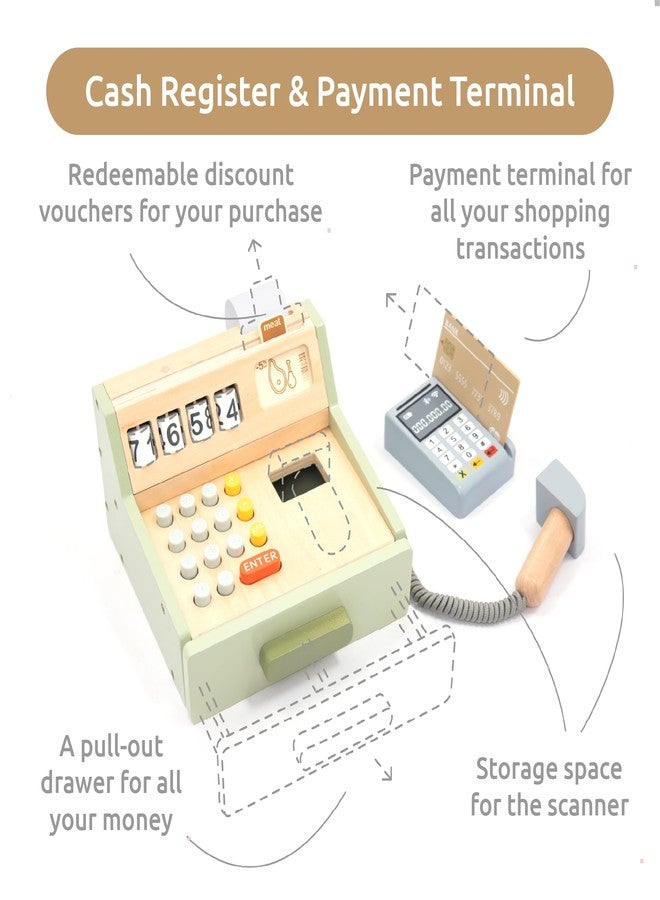 UMU® Wooden Cash Register for Kids - Includes Accessories (Scanner, Payment Terminal, Play Money, etc.), Role Play Shop & Accessories for Children Ages 3 4 5 6 - Image 3