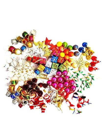 Lazybeee LAZYBEEE Beautiful 100 pcs Mini Christmas Tree Decoration Ornaments Set for Tree Decorations Christmas Decorations Items Balls Bells Gifts Drums StarsSanta Claus 