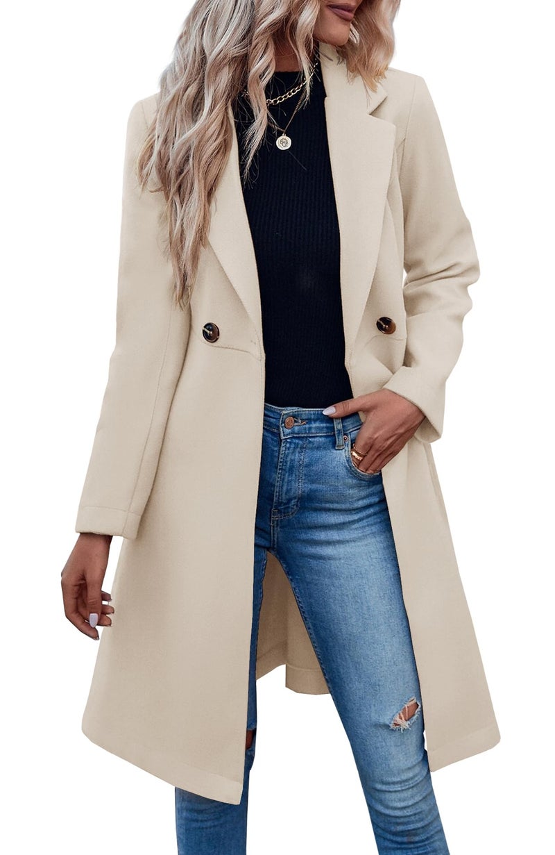 Fazortev Womens Pea Trench Coats Notched Lapel Double Breasted Belted Business Casual Jackets Outerwear - Image 1