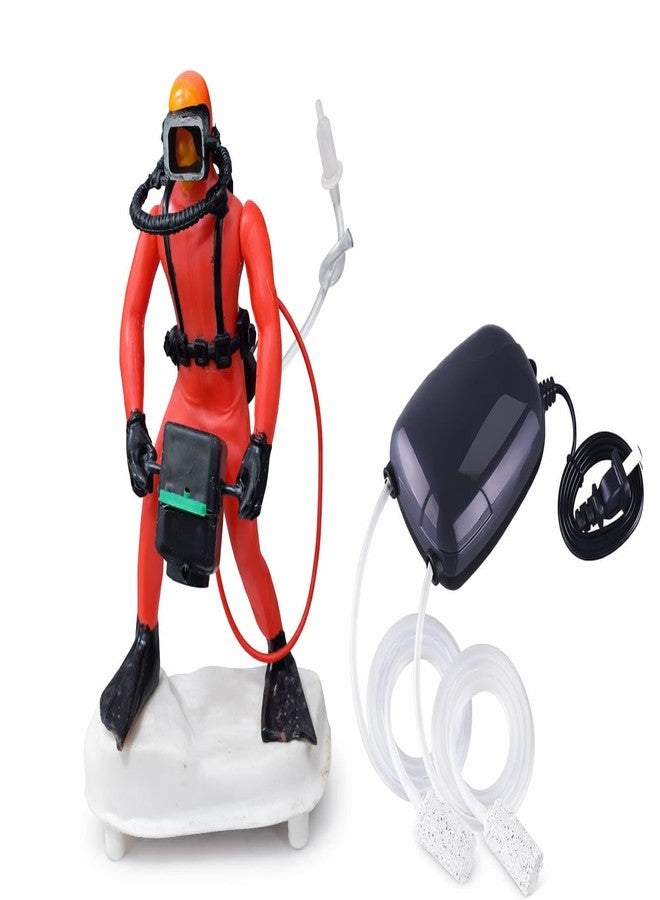 rizopets Aquarium Diver Ornament with Air Pump, Red Scuba Diver Figure, Fish Tank Decoration with Bubbler
