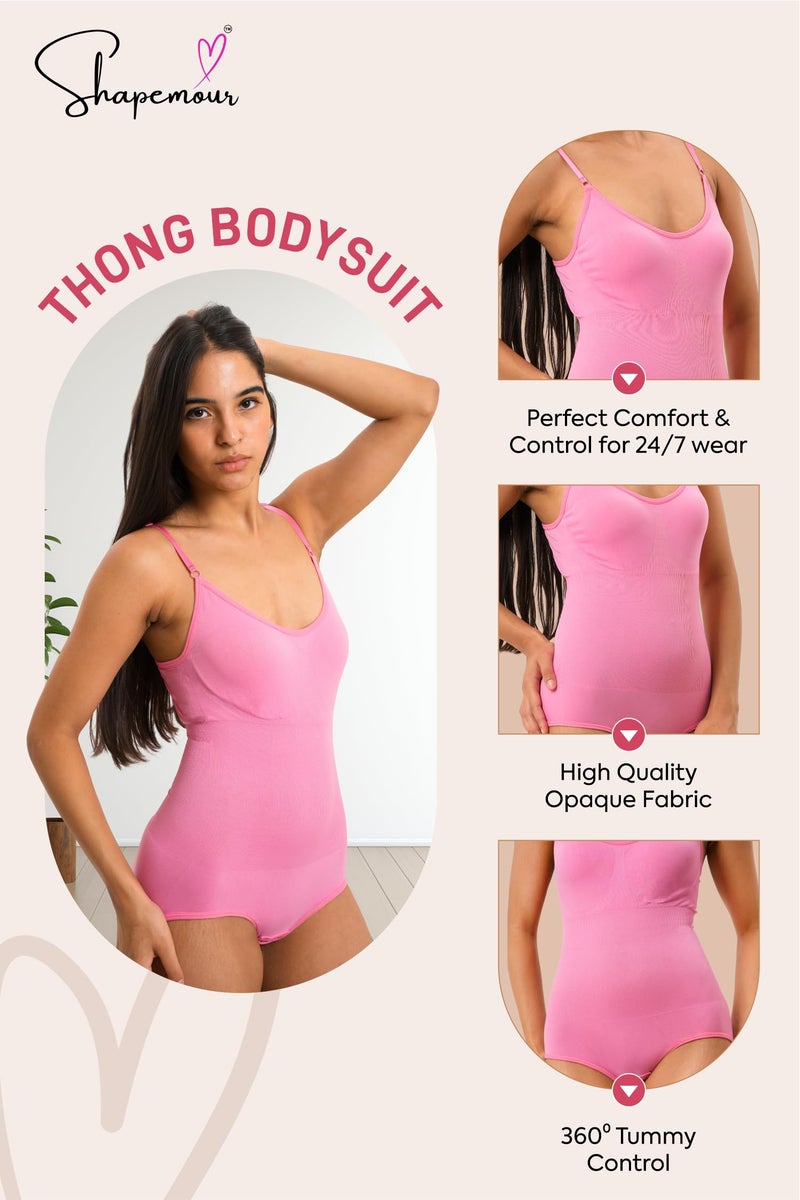 SHAPEMOUR Thong Bodysuit for Women, Slimming Design Shapewear for Women, Tummy Control Body Shaper with Silicone Grip, No Steel Bones for All Day Comfort, Seamless Sculpting Bodyshaper (Pink, M) - Image 4