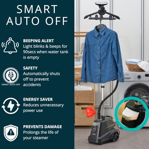 True & Tidy® Heavy-Duty Industrial Standing Garment Steamer for Clothes, 1800 watts, Extra Large 3L water tank 90+ mins of Steam Time (Matte Black, Smart Auto-Off Commercial Garment Steamer) - Image 2