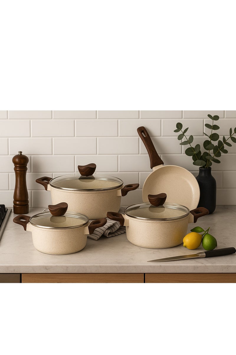 Baroly 7-Piece Granite Cooking Pots Set with Glass Lids in Beige