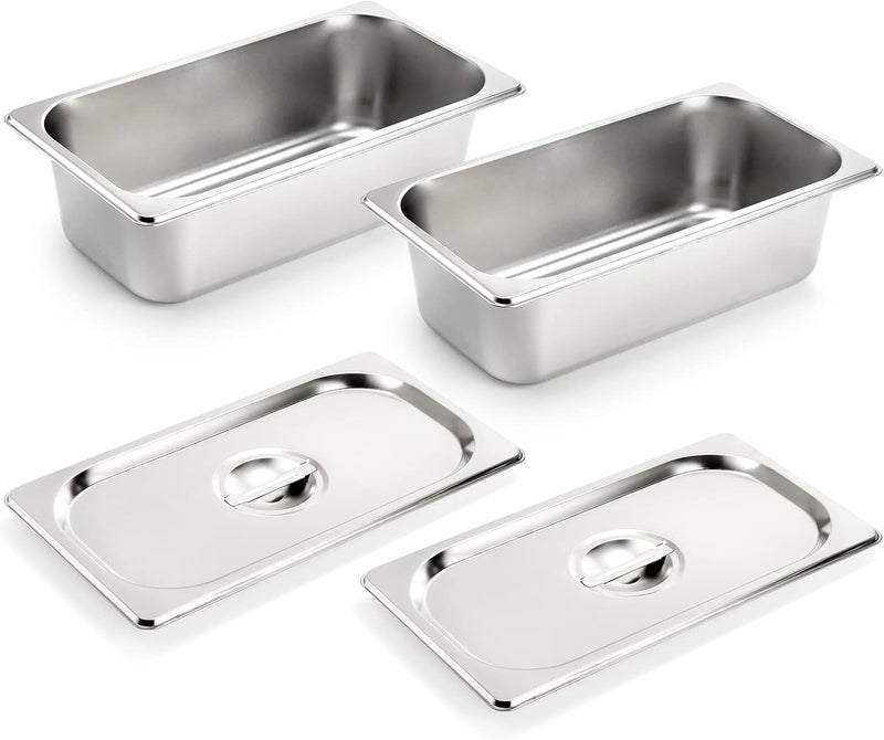 Kingrol 2 Pack 1/3 Size Hotel Pans with Lids, 3-5/8" Depth, 22 Gauge Steam Table Pan, Stainless Steel Counter pan, Food Service Pan for Kitchen - Image 1