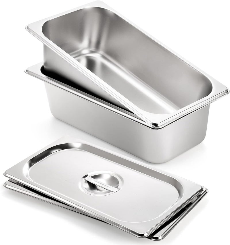 Kingrol 2 Pack 1/3 Size Hotel Pans with Lids, 3-5/8" Depth, 22 Gauge Steam Table Pan, Stainless Steel Counter pan, Food Service Pan for Kitchen - Image 2