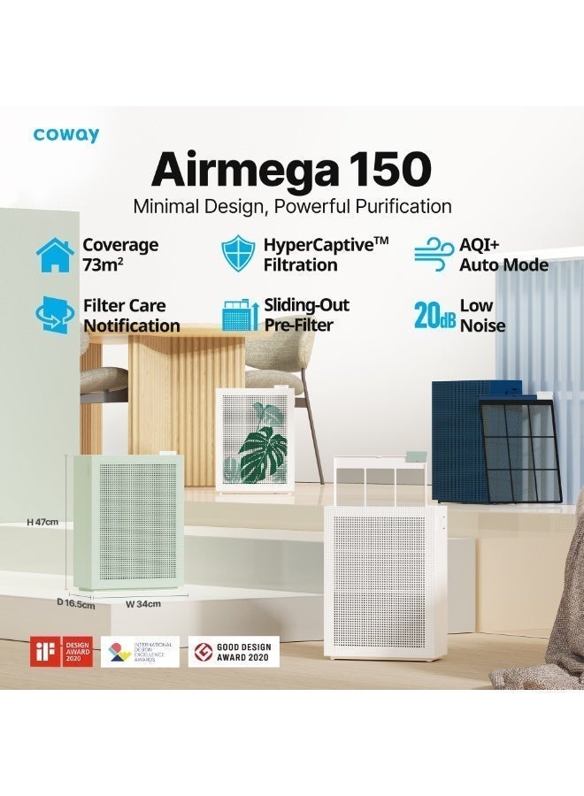 Coway Airmega 150 White – Minimalist. True HEPA Purifier, AQI monitor for Home Bedroom, Longest Filter Life 8500 Hrs, Auto Mode, removes 99.99% Allergens, Dust, Pet & Odours, Quiet 20db, 5yr Warranty - Image 4