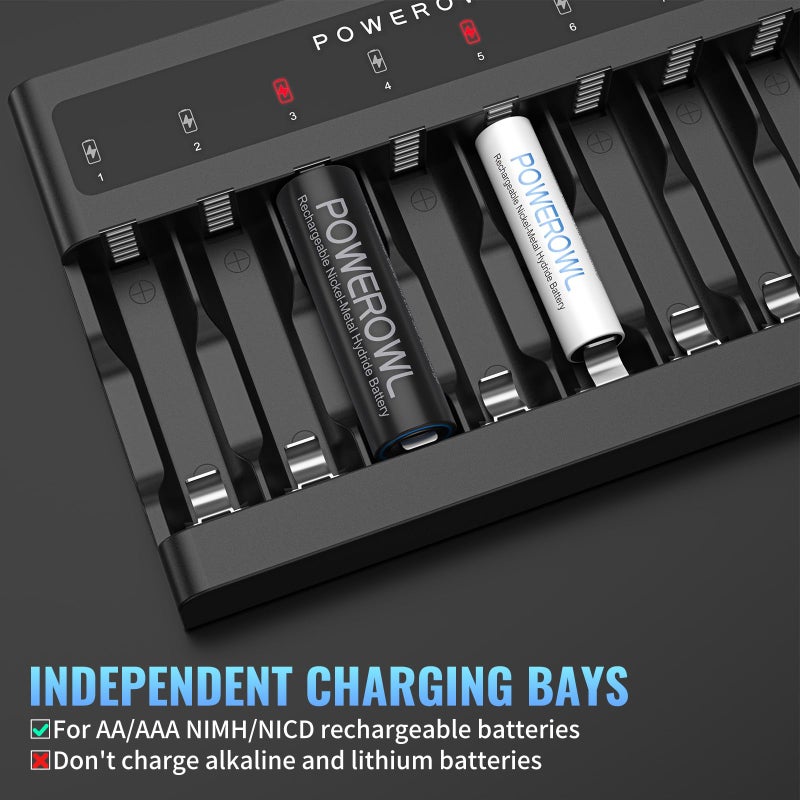 POWEROWL AA AAA Battery Charger 8 Bay, Independent Slot, USB Fast Charging for Ni-MH Ni-CD Rechargeable Batteries - Image 2