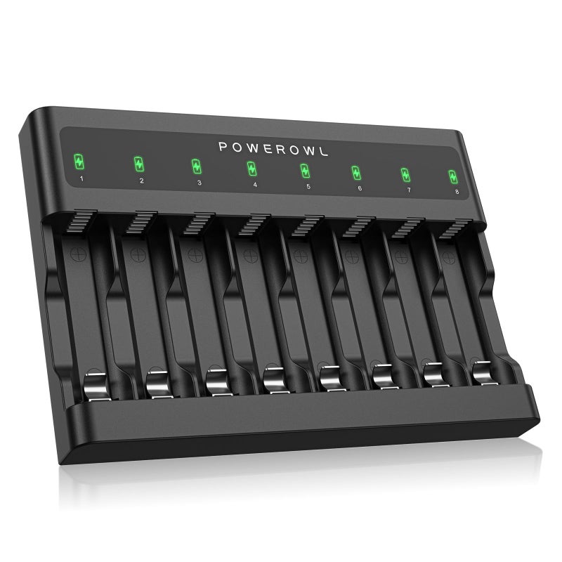 POWEROWL AA AAA Battery Charger 8 Bay, Independent Slot, USB Fast Charging for Ni-MH Ni-CD Rechargeable Batteries - Image 1