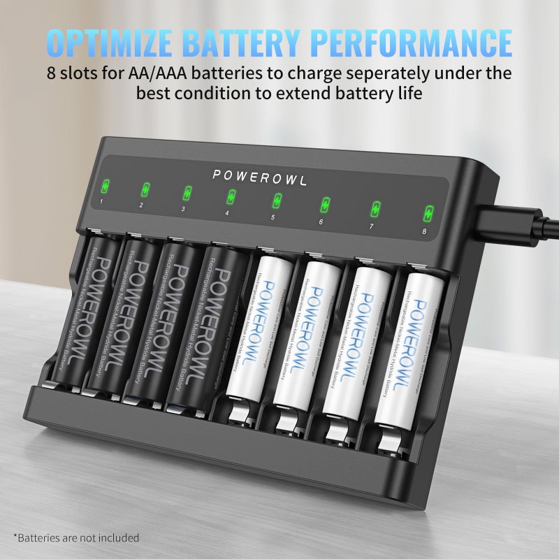 POWEROWL AA AAA Battery Charger 8 Bay, Independent Slot, USB Fast Charging for Ni-MH Ni-CD Rechargeable Batteries - Image 3