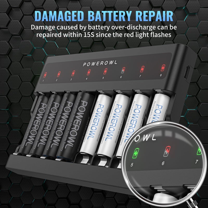 POWEROWL AA AAA Battery Charger 8 Bay, Independent Slot, USB Fast Charging for Ni-MH Ni-CD Rechargeable Batteries - Image 4