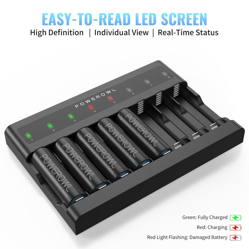 POWEROWL AA AAA Battery Charger 8 Bay, Independent Slot, USB Fast Charging for Ni-MH Ni-CD Rechargeable Batteries - Image 5