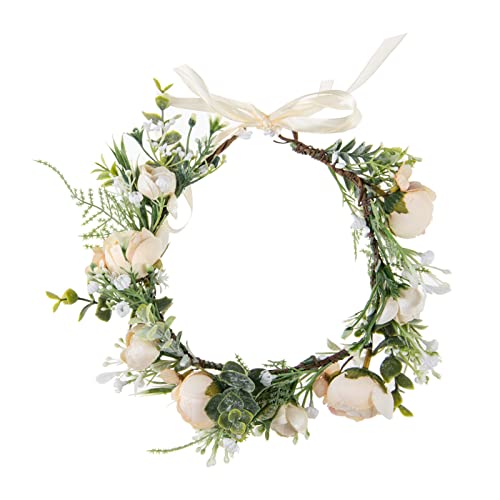 DreamLily Girls Camellias Flower Crown Birthday Photo Pops Hair Wreath Wedding Festival Floral Headpiece XM11 (A-Champagne) - Image 2