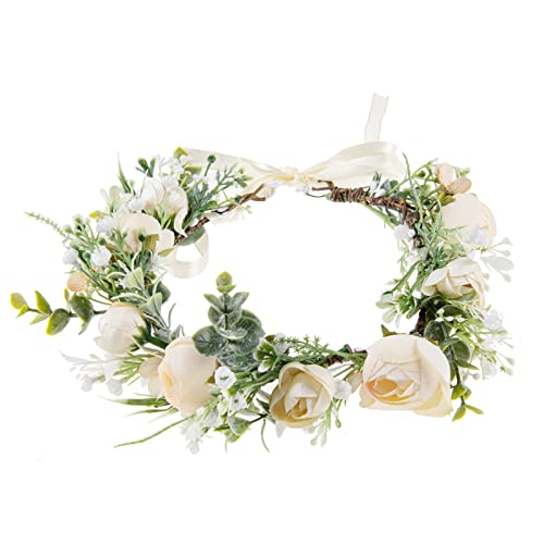 DreamLily Girls Camellias Flower Crown Birthday Photo Pops Hair Wreath Wedding Festival Floral Headpiece XM11 (A-Champagne) - Image 1