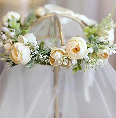DreamLily Girls Camellias Flower Crown Birthday Photo Pops Hair Wreath Wedding Festival Floral Headpiece XM11 (A-Champagne) - Image 5