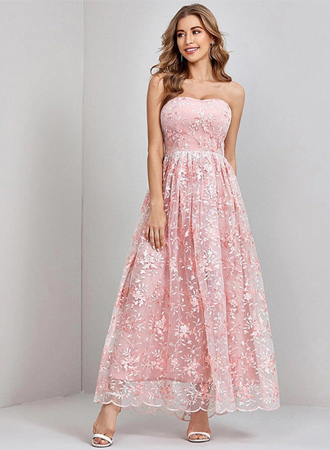 MARGOUN Large Size Elegent Party Strapless Maxi Dress 2026 Fashion Vintage Lace Floral Embroidery Pink Clothing Lady A Line Fairy Dress New/M2232